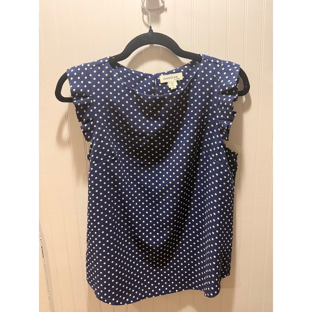 Monteau Los Angeles Navy Blue White Polka Dot Ruffle Sleeve Blouse Small